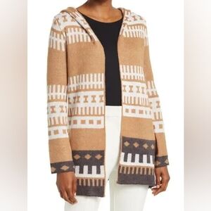LOVE BY DESIGN Tribal print open sweater, Hooded, black/white/camel, size M